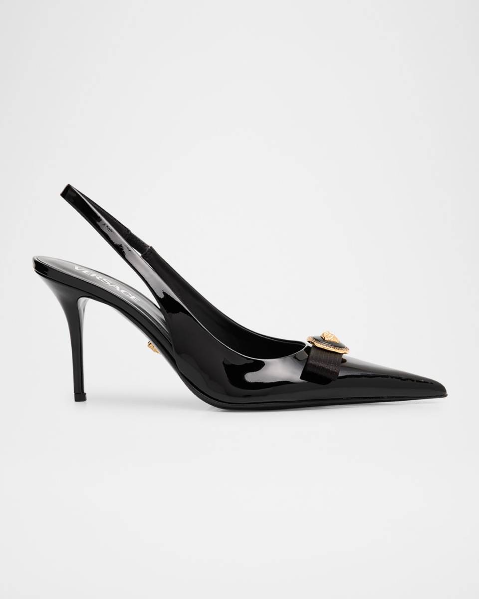 Gianni Ribbon Medusa Patent Slingback Pumps